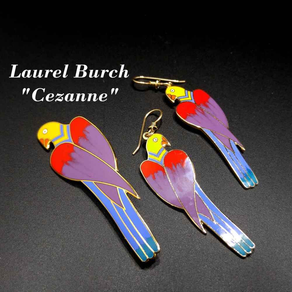Laurel Burch Cezanne Parrot Earrings & Brooch Set, 22 KG Plated Cloisonné Enamel
